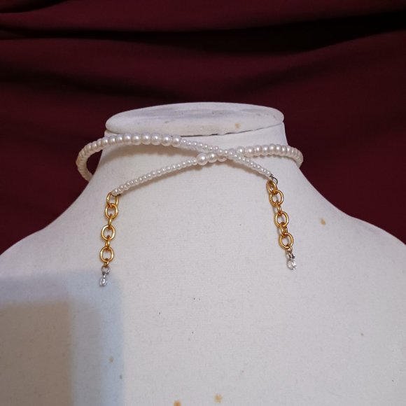 Handmade Vintage Faux Pearl Choker Necklace Gold Dangle Rhinestone Adjustable - Picture 4 of 10